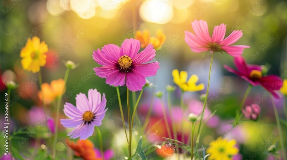 Flower field in sunlight, spring or summer garden background in closeup macro view or flowers meadow field in morning light Flower field in sunlight, spring or summer garden background in closeup macro view or flowers meadow field in morning light