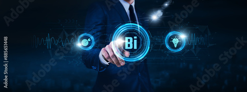 BI, data analytics, decision support systems, businessman touch of data exchange icon Data exchange on digital network connection, data visualization, reporting tools, predictive analytics. photo