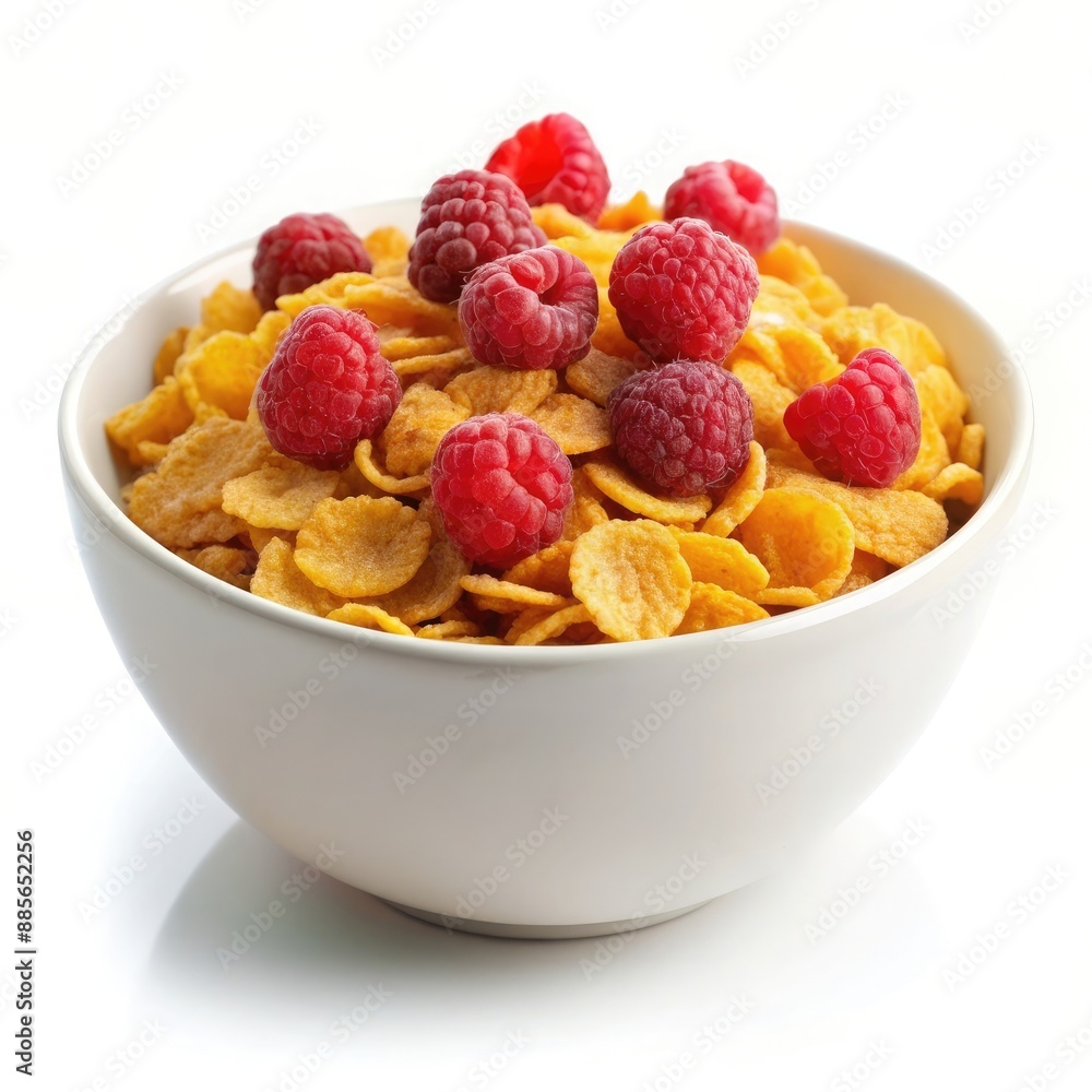 bowl of cornflakes and raspberries bowl of cornflakes and raspberries