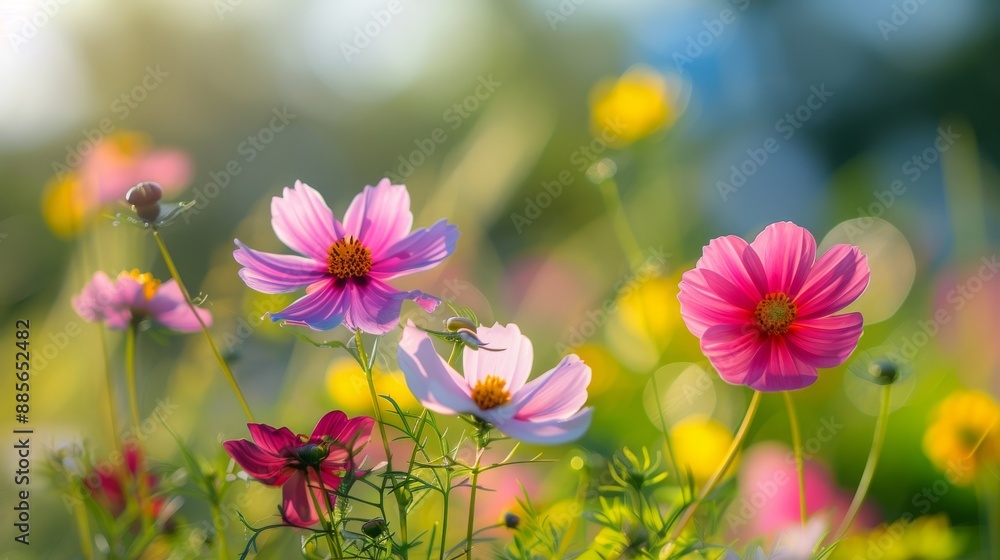 Flower field in sunlight, spring or summer garden background in closeup macro view or flowers meadow field in morning light Flower field in sunlight, spring or summer garden background in closeup macro view or flowers meadow field in morning light
