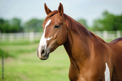 Portrait of a chestnut horse on a farm with a grassy pasture