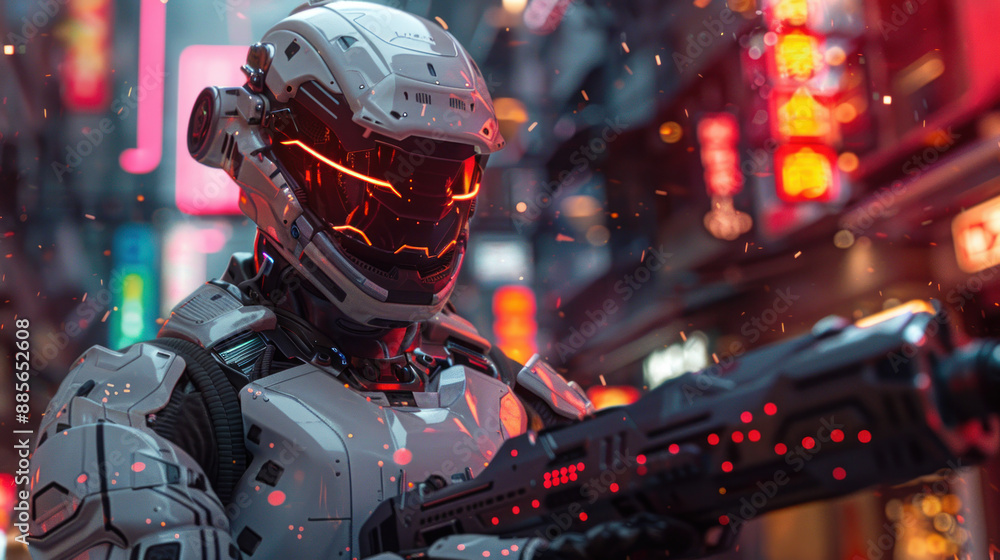 Fototapeta premium Futuristic Robotic Soldier in Neon-Lit Urban Setting