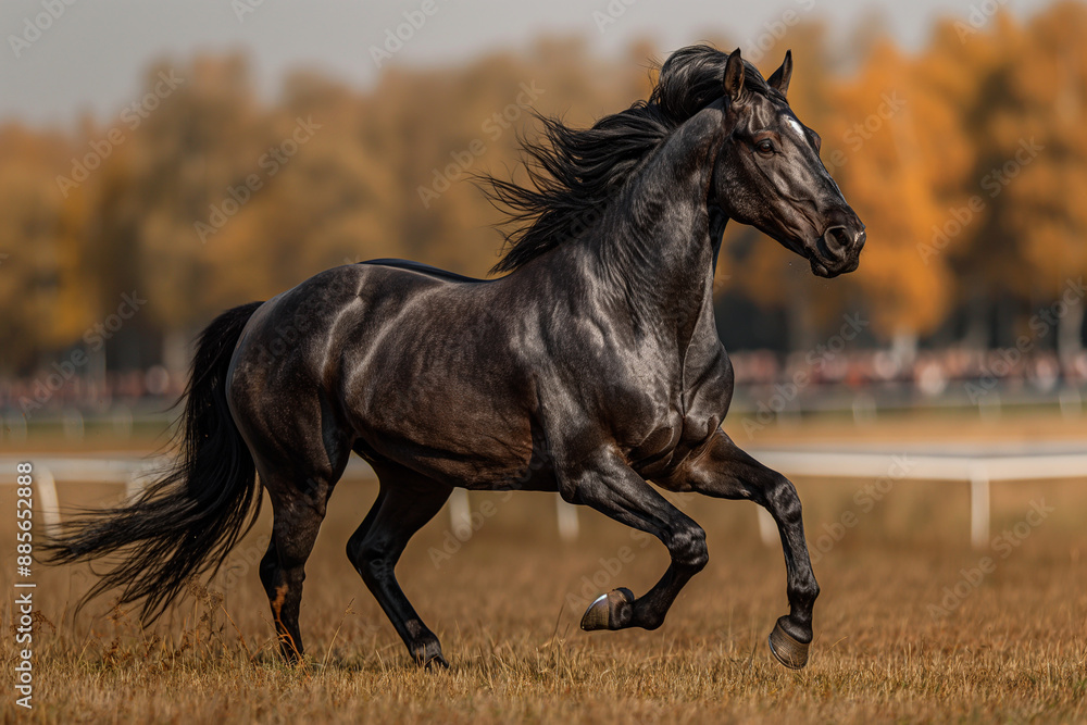 Majestic black horse running through a field with blurred autumn forest background Majestic black horse running through a field with blurred autumn forest background