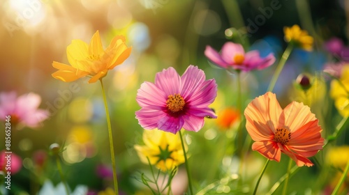 Flower field in sunlight, spring or summer garden background in closeup macro view or flowers meadow field in morning light #885652846