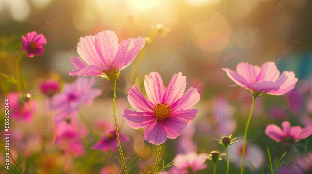 Flower field in sunlight, spring or summer garden background in closeup macro view or flowers meadow field in morning light Flower field in sunlight, spring or summer garden background in closeup macro view or flowers meadow field in morning light