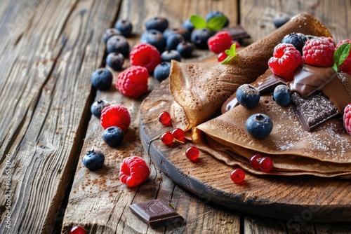 Chocolate Crepes. Delicious Homemade Battercake with Raspberries and Blueberries on White Background