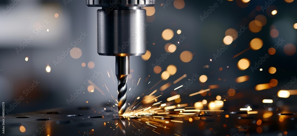 Drill milling through metal, sparks flying, high-resolution photo, realistic, dark workshop background, sharp details, dynamic lighting Drill milling through metal, sparks flying, high-resolution photo, realistic, dark workshop background, sharp details, dynamic lighting