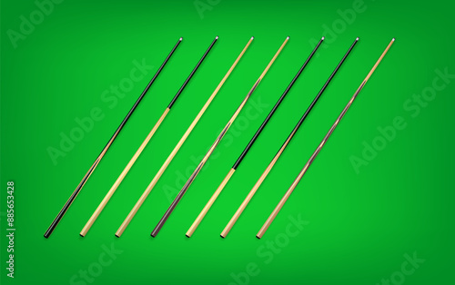 Billiard cues on green background. Snooker sports equipment. Vintage pool cue. Vector