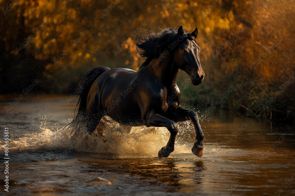 Majestic black horse galloping in the water with splash and autumn reflection in nature Majestic black horse galloping in the water with splash and autumn reflection in nature