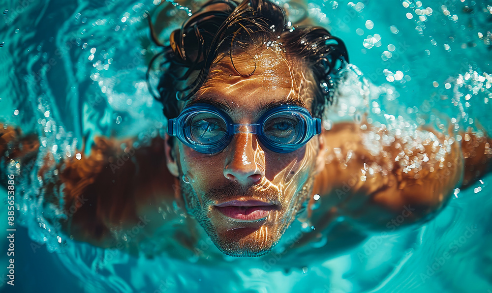 Fototapeta premium Aerial Top View Male Swimmer Executing Butterfly Stroke in Pool, Focused Athlete Training for Championship, Professional Sportsperson in Action, Determined Expression Underwater, Clear Daytime Setting