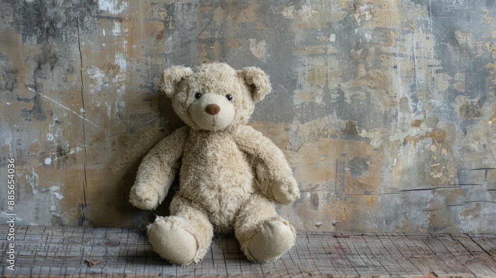 Obraz premium Vintage style Teddy Bear seated solo with aged wooden backdrop