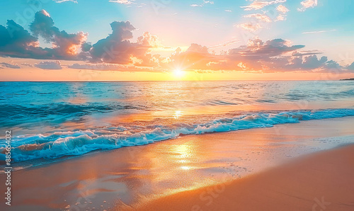 Serene Sunrise Over Tranquil Beach with Gentle Waves and Vibrant Sky - Idyllic Morning Landscape for Peaceful Vacation and Relaxation