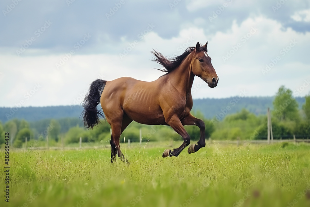 Brown horse running in a field with grass, showcasing nature, outdoors, and flowing mane Brown horse running in a field with grass, showcasing nature, outdoors, and flowing mane