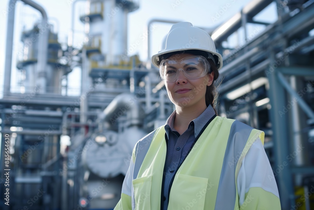 Confident Female Engineer in Chemical Plant Wearing Safety Gear in Industrial Setting