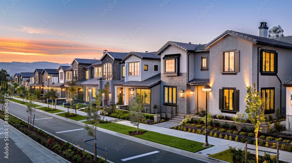 Suburbia: Long Row of Residential Houses in California with Well-Manicured Front Lawns Suburbia: Long Row of Residential Houses in California with Well-Manicured Front Lawns