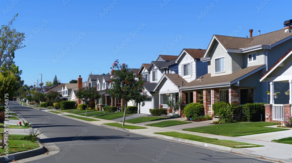 Suburbia. Rows of Residential Houses with Landscaped Lawns in California Suburbia. Rows of Residential Houses with Landscaped Lawns in California
