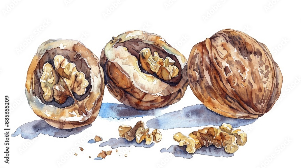 Walnut Illustration. Graphic Design of Hand-Painted Walnut Set in Watercolor Walnut Illustration. Graphic Design of Hand-Painted Walnut Set in Watercolor