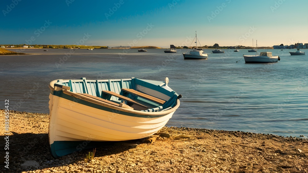 Naklejka premium a beached white and blue boat on a pebbly shore. Empty with wooden seats, theboat exudes a sense of solitude and quiet reflection. Surrounding the boat, the calm waters reflect sunlight