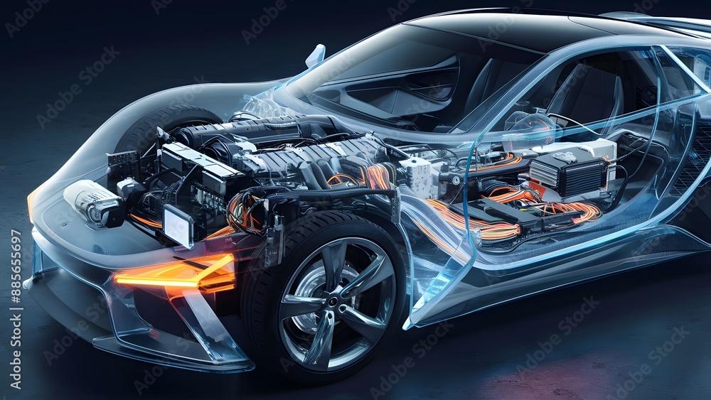 futuristic car, showcasing its intricate and advanced internal components. The car's engine, transmission, and other vital parts are visible, illuminated by glowing orange and blue lights futuristic car, showcasing its intricate and advanced internal components. The car's engine, transmission, and other vital parts are visible, illuminated by glowing orange and blue lights