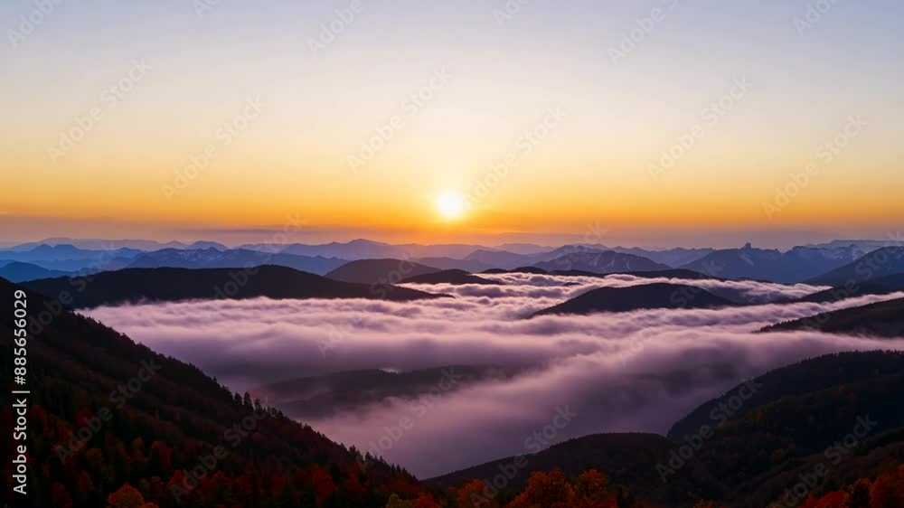 Sunset Over Mountains with Foggy Mist Generative AI