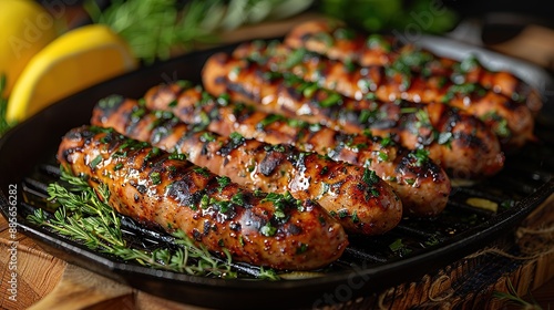 Hot sausage with spices on grill with fire in summer in garden © Vasiliy