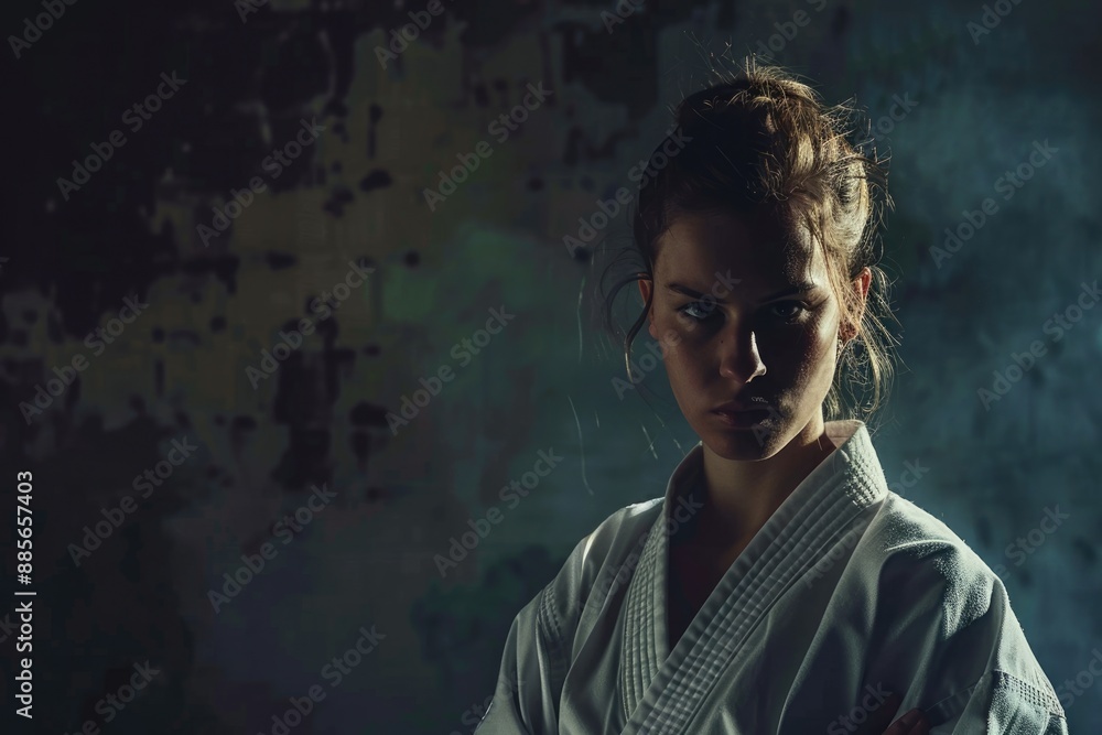 Karate Woman Portrait. Sporty Woman in White Kimono with Black Belt on Dark Background