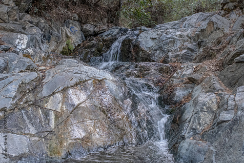Mesa Potamos Waterfalls, 7 m high, formed at 900 m ASL, located in a hidden place and surrounded by a pine forest, near Moniatis area, Limassol mountains, near Timios Prodromas Monastery, Cyprus