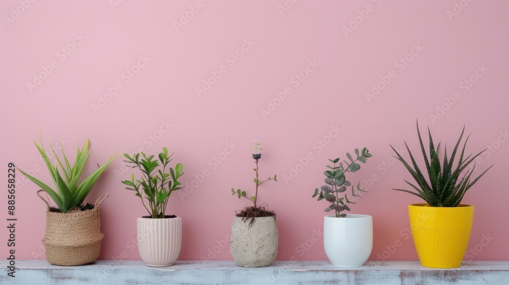 Fototapeta premium A row of potted plants sit on a shelf, with one of them being a yellow one