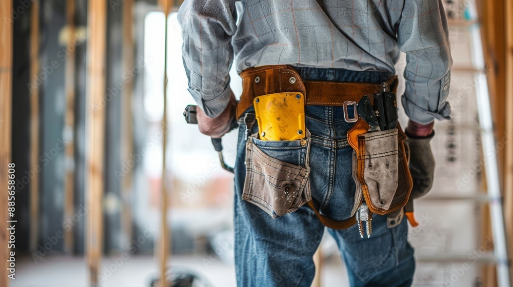 Back view of a man contractor at work inside a home for renovation and refurbishment project , complete energy efficiency renovation concept image Back view of a man contractor at work inside a home for renovation and refurbishment project , complete energy efficiency renovation concept image