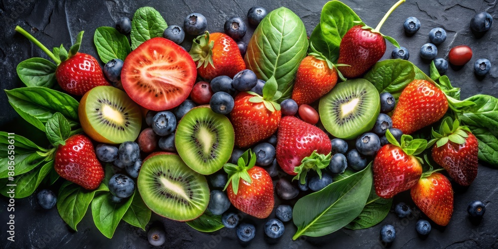 Summer Fruit Delight Strawberries, Kiwi, Blueberries, and Green Leaves, fruit, berries, summer Summer Fruit Delight Strawberries, Kiwi, Blueberries, and Green Leaves, fruit, berries, summer