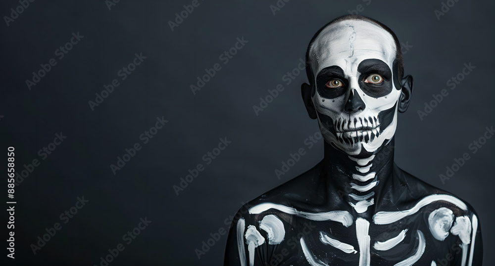 Man with skeleton makeup isolated on black background. Halloween celebration concept. Costumed party, carnival, masquerade. Greeting card, invitation, banner with copy space Man with skeleton makeup isolated on black background. Halloween celebration concept. Costumed party, carnival, masquerade. Greeting card, invitation, banner with copy space