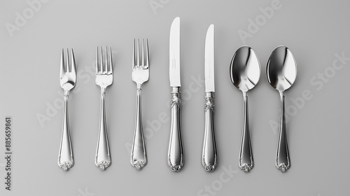 Elegant silverware set on a glossy white background