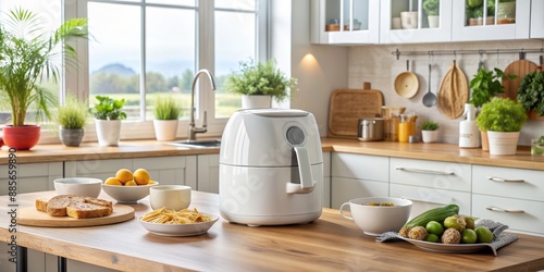 White Air Fryer on a Kitchen Counter with Snacks, Air Fryer, Kitchen, Food, Snack