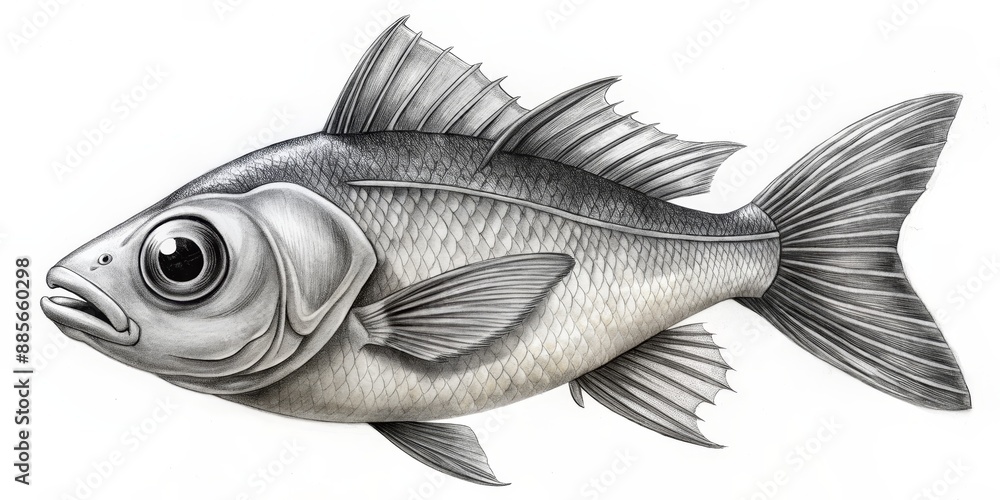 A Detailed Pencil Drawing of a Fish with Large Eyes and a Curved Tail ...