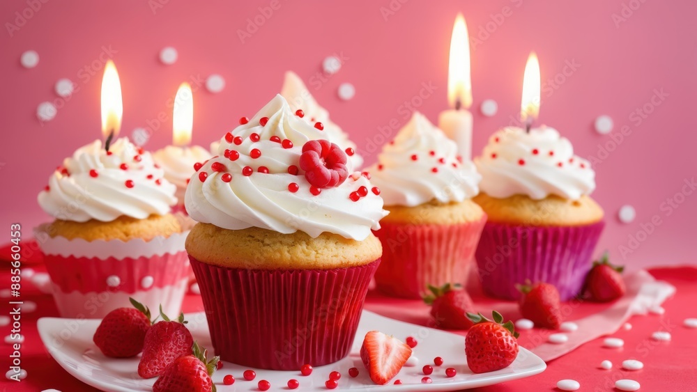 A candle-topped cupcake on a dark surface, arranged symmetrically for visual balance A candle-topped cupcake on a dark surface, arranged symmetrically for visual balance