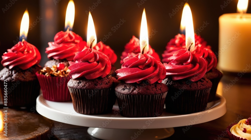 A candle-topped cupcake on a dark surface, arranged symmetrically for visual balance A candle-topped cupcake on a dark surface, arranged symmetrically for visual balance