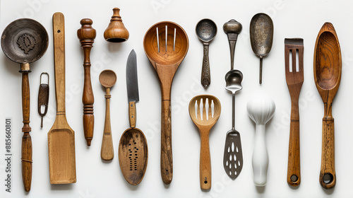 Various kitchen utensils arranged neatly on a pristine white background  photo