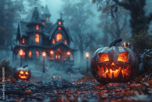 "Spooky Halloween Scene with Pumpkins and Haunted House - 3D Render"