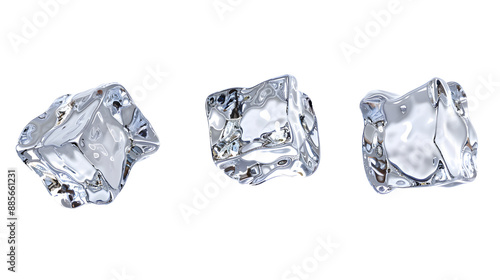 Four clear ice cubes flying in the air, cut out on white background, 3D rendering