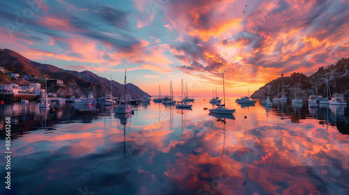 Catalina Island's Avalon Bay at sunset, colorful sky reflecting on the water