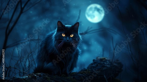 Mysterious black cat with glowing eyes sitting on a branch under a full moon, surrounded by an eerie blue night scene in the forest.