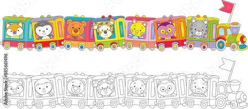 Funny toy train with cute cartoony baby animals, color and black and white outline vector cartoon illustrations