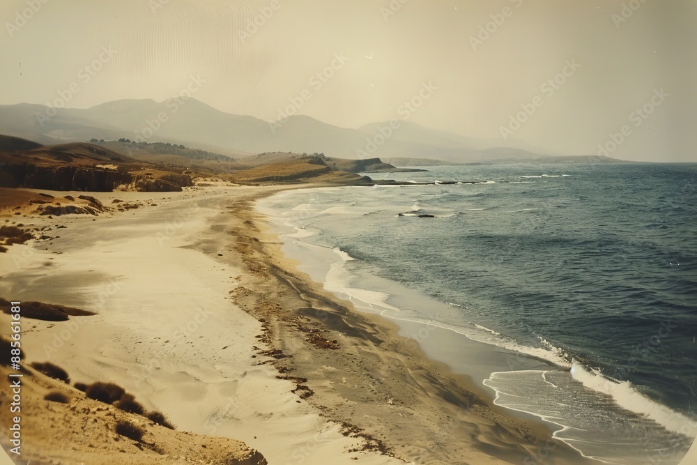 Aerial View of Sandy Beach and Beautiful Sea with Mountain Background Aerial View of Sandy Beach and Beautiful Sea with Mountain Background