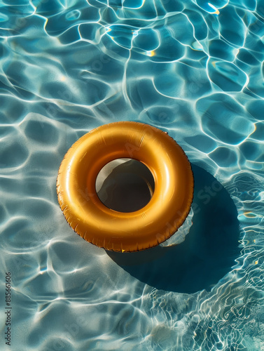 Tranquil and serene image of a dark gold inflatable circle floating in the corner of a swimming pool,creating a beautiful and relaxing vacation background. photo