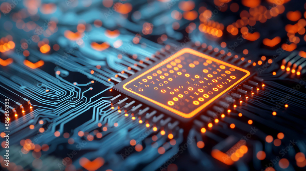 Fototapeta premium A close-up view of an advanced microchip with glowing binary code and intricate electronic components.