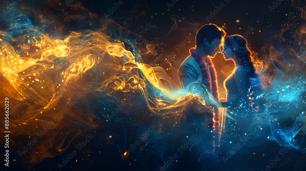 Obraz premium An artistic representation of an Indian couple in traditional attire surrounded by glowing patterns
