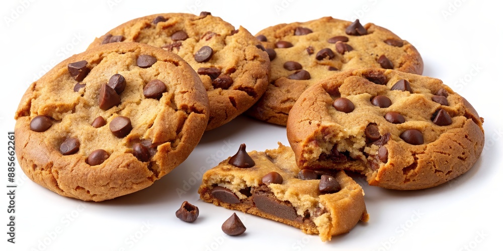 Close-up of Chocolate Chip Cookies on White Background, baking , cookie , dessert , sweet Close-up of Chocolate Chip Cookies on White Background, baking , cookie , dessert , sweet