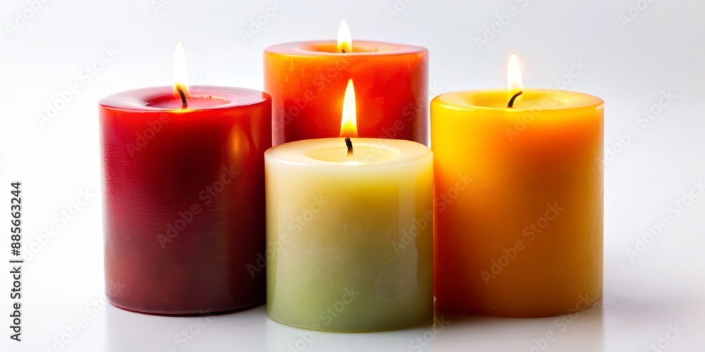Four Burning Candles in Red, Yellow, Green and Orange, Candles, Relaxation, Home Decor, Warmth Four Burning Candles in Red, Yellow, Green and Orange, Candles, Relaxation, Home Decor, Warmth