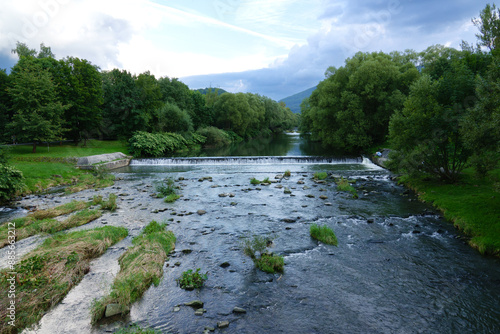 Fototapeta Naklejka Na Ścianę i Meble -  2023-09-03; Scenery of the Vistula river in Ustron on the hills of the Silesian Beskids. Ustron Poland