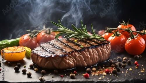 Heißes saftiges Steak - Aufnahme mit Gewürzen im Hintergrund
 photo